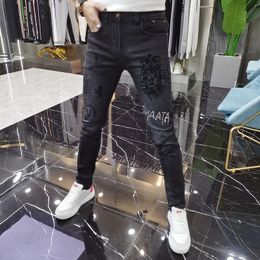 Diamond Mens Jeans Fashion Brand Man Tight Trouser New Heavy Craft Printing Stretch Fit Versatile Black Male Pencil Pants