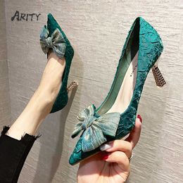 Dress Shoes Green Silk Bowtie High Heels Pumps for Women Sexy Pointed Toe Metal Stiletto Heels Wedding Party Shoes Woman Bombas 221224