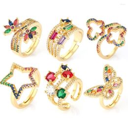 Wedding Rings Gold Color Flower And Butterfly Chunky For Women Aesthetic Punk Mens Micro Zirconia Open Boho Couple