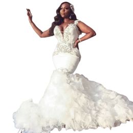 African Mermaid Wedding Dress Sweetheart Ruffle Royal Train Black Bride Dress Beading Formal Bridal Gown Plus Size Pageant289b