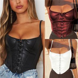 Women's Tanks 2022 Summer Women Moto Camis Pu Leather Girl's Sexy Vest Fashion Simple Breast Cup Top Sling Slim Fit U-neck For Ladies