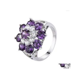 Cluster Rings Wholesale Purple Cz Sterling Sier Ring Size 6 7 8 9 10 Flower Design Sunflower Vintage For Women Wedding Jewelry Drop D Dh2Hj