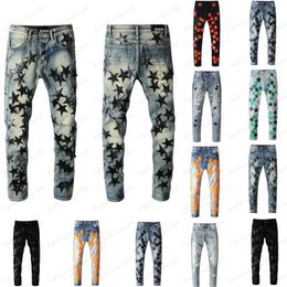 Mens Jeans Designer Ripped Slim Fit Skinny Pants Orange Star Patch Wearable Biker Stretchy Trendy Long Straight Hip Hop with Holes Blue