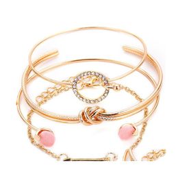 Charm Bracelets 4 Pcs/ Set Classic Arrow Knot Round Crystal Gem Mtilayer Adjustable Open Bracelet For Women Fashion Party Jewellery Gi Dh3Yi