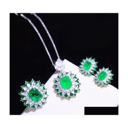 Earrings Necklace Exquisite 925 Sterling Sier Jewellery Set Emerald Gemstone Rings Fine Women Colour Treasure Drop Delivery Sets Dhaxc