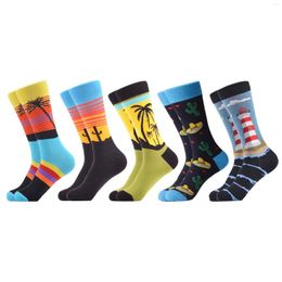 Men's Socks SANZETTI 5 Pairs/ Colourful Casual Combed Cotton Crew Fun Tropical Coconut Tree Style Pattern Party Camping