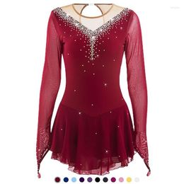 Stage Wear Girls Jewelled Rhinestone Ice Skating Dress Women Long Sleeve Figure White Black Patchwork Competition