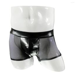 Underpants Mens Sexy Faux Leather Black Mesh Nightclub Boxer Briefs Boxershorts Men Underwear Shorts U Convex Pouch Porno Boxers Panties