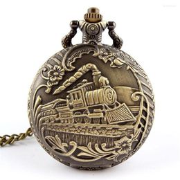 Pocket Watches Vintage Unisex Antique Case Brass Rib Chain Train Pattern Quartz Watch Pendant With Birthday Gift