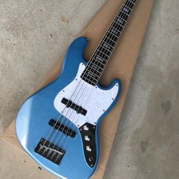 5 Strings Metal Blue Electric Bass Guitar with White Pearl Pickguard Rosewood Freboard Customizable