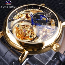 Forsining Golden Skeleton Clock Male Moon Phase Fashion Blue Hands Waterproof Men's Automatic Watches Top1316Y