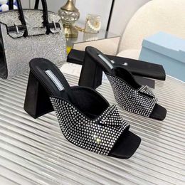 Slippers Mules Shoes Womens Slides High Heels Shoes Factory Footwear Rhinestone real silk Chunky Block Slip-On Open Toe Luxury Designers