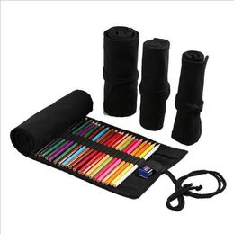 Kawaii Black Colour To School Wrap Roll Pencil Case 12/24/36/48/72/108Holes Cosmetic Penal Canvas Bag Office Stationery