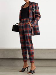 BS164 HIGH STREET New Fashion Designer Women's Double Breasted Plaid Blazer Pants Suit