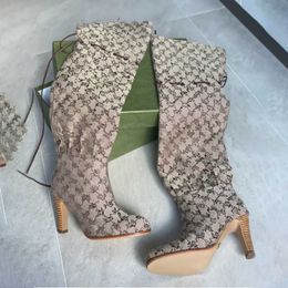 Designerstiefel Frauen über den Kniestiefeln Winter -Knöchelstiefel verstellbarer Gurte Leinwand Reißverschluss Schnürsenkel Originalschuhe Ladies Mädchen sexy High Stiefel mit Box 317