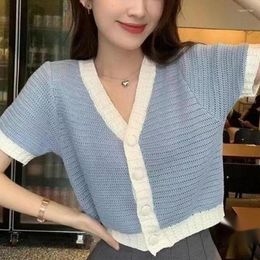 Women's Knits Women Short Sleeve Thin Sweater Cardigan V-Neck Button Down Colorblock Crop Top