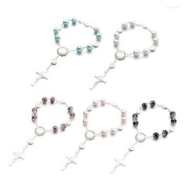 Link Bracelets Catholic Cross Finger Chain Mini Rosary Baptism Rosaries Faux Pearls Bracelet For Favours Christening