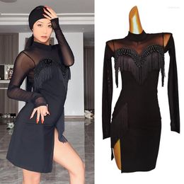 Stage Wear Women's Latin Dance Dress Long Sleeves Black Fringe Practise Clothing Club Adult Performance Costume DNV16685