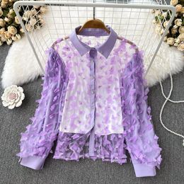 Women's Blouses Korea Style Two Piece Women Butterfly Loose Long Sleeve Single Breasted Mesh Patchwork Shirt Woman Strap Tank Drop