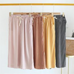 Women's Sleepwear Summer Cotton Thin Wide-Legged Pants Large Size Womens Calf-Length Striped Women Casual Pyjama