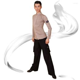 Stage Wear 2022 Latin Dance Shirts Apricot Long Sleeves Stand Ballroom Shirt Men Waltz Chacha Dancing Tops Practice