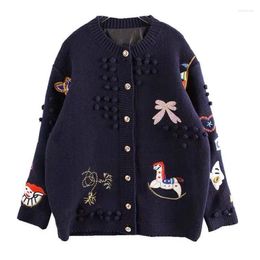 Women's Knits Vintage Thick Sweater Cardigans Women O-Neck Knit Tops Casual Cartoon Embroidery Long Sleeve Jersey Fashion Outerwear Korean