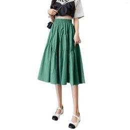 Skirts Women Vintage Midi 2022 Elastic High Waist Solid Color Flowy Pleated