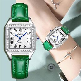 Rectangle watch for women green leather band strap female white roman numeral dial wristwatch quartz clock rhinestone diamond wome234W