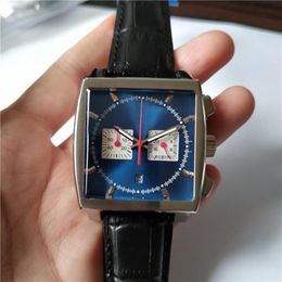 Mans sport watch quality Male watches Quartz Stopwatch Chronograph wristwatch Blue dial black Leather strap 013285S