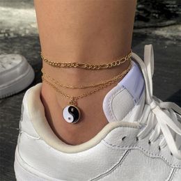 Anklets 2022 Bohemian Handmade Simple Multi-layered Gold Color Tai Chi Yin Yang Pendant Beaded Peace Anklet Jewelry Gift