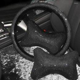 Steering Wheel Covers Fashion Black Crystal Car Universal Bling Rhinestone Neck Pillow Accessories For Girls Wmen