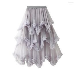 Skirts 5 Colour Elegant Women Layered Tulle Long Skirt Vintage High Waist Solid Frill Trim Ruffle A-Line Fairy Clothes 2022