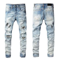 Дизайнерские мужские джинсы Amirs Джинсовые брюки с вышивкой Модные брюки с дырками Хип-хоп Потертые брюки на молнии для мужчин yh21
