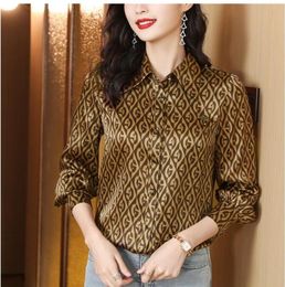 Fashion Silk Print Brown Shirt Women Long Sleeve Lapel Button Designer Blouses Spring Autumn Office Ladies Shirts Runway Woman Clothes Blouse Elegant Tops