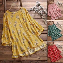 Women's Blouses Vintage Flower Loose And Plus-sized Round Neck Shirt Casual Shirts 's Folk Style Cotton Linen Women Large Size