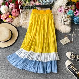 Skirts HISUMA 2022 Summer Female Sweet Colour Block High Waist Ruffles Cotton With Chiffon Pleated Skirt Women's Elegant