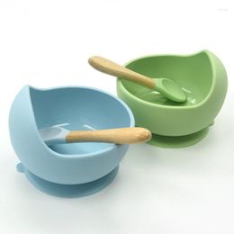 Bowls Baby Silicone Feeding Set Wooden Spoon Suction Bowl Plate Kids Toddler Assist Tableware BPA Free High Quality