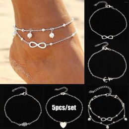 Anklets 5pcs/set Bohemia Silver Foot Beach Heart Palm Anchor Infinity Anklet Bracelet Luxury Chain Women's Jewelry