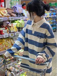 Women's Polos Vintage Polo Collar Oversized Hoodies Women Blue Patchwork Stripe Thin Sweatshirt Harajuku Tops Long Sleeve For Girls Fishion