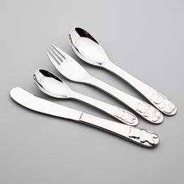 Flatware Sets 4pcs Baby Dishes Stainless Steel Teaspoon Spoon Fork Knife Utensils Set Kids Learning Eating Habit Children Tableware