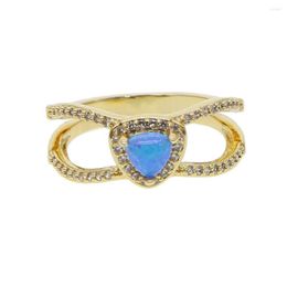 Wedding Rings Delicate Double Rows Mini Cubic Zirconia Heart Blue Stone Midi Finger Ring For Women Girl Dainty Simple Gold Color Crystal