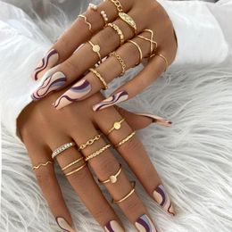 Cluster Rings Vintage Geometric Gold Colour Metal Finger Set For Women Retro Sequin Chain Shape Stacking Knuckle Joint Ring Jewellery