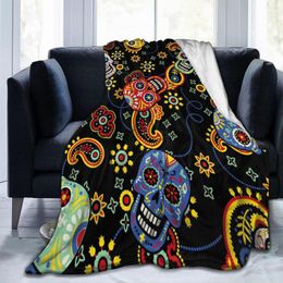 Blankets Soft Warm Flannel Blanket Cute Day Of The Dead Skulls With Bandana Paisley Travel Portable Winter Throw Thin Bed Sofa