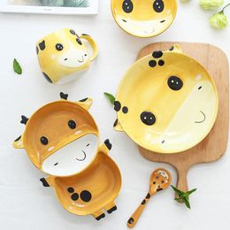 Dinnerware Sets Modern Same Style Japanese Ceramic Bowl Cute Children Tableware Rice Set Spoon Cartoon Plate Dessert