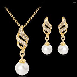 Necklace Earrings Set Arrival Clear Crystal Elegant Party Fashion Costume Jewellery Vintage Simulated-Pearl Gold For Women