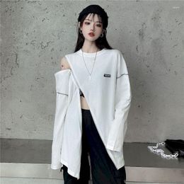 Women's T Shirts Spring Autumn 2022 Women Clothing T-shirt O Neck Personality Mid-length Tops Harajuku Loose Zipper Goth Long-sleeved White
