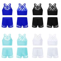 Stage Wear Kids Girls Lace Sleeveless Ballet Costumes Sports Suits Outfit Strappy Cross Back Crop Top Bottom Workout Gym