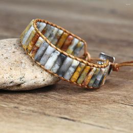 Charm Bracelets Boho Bracelet Tube Shape Natural Stone Single Leather Wrap Semi Precious Women Beaded Cuff