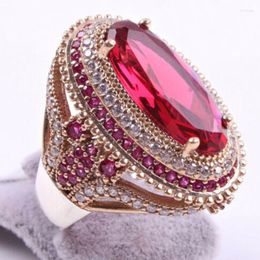 Cluster Rings Gorgeous Large Oval Red Cut Zircon Wedding Luxury Micro Paved CZ Stone Rhinestone Finger For Women Jewelry Z4M397