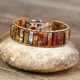 Charm Bracelets Women Men Tube Shape Picasso Stone Leather Boho Bracelet Natural Stones Strands Wrap Handmade Jewellery